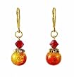 Earrings - E231 - Murano Style Glass - Round Crackle Glass and Crystal ~ Red and Gold