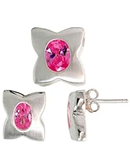 Sterling Silver Matte-finish Four-finger Clover Flower Earrings (12mm tall) & Pendant Slide (13mm tall) Set, w/ Oval Cut Pink Tourmaline-colored CZ Stones