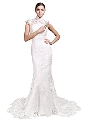 Sexy Cap Sleeves High-Neck Backless Lace Mermaid  Dress with a Court Train 