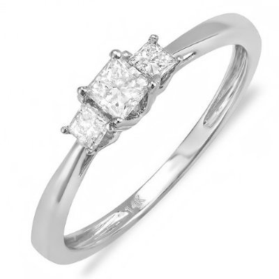 14k White Gold Princess Diamond Ladies Bridal 3 Stone Ring Engagement 1/2 (0.50 cttw, F-G-H Color, SI-I Clarity)