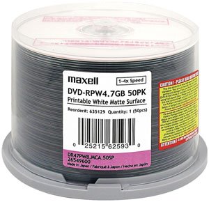 Maxell 50PK DVD-R 16X 4.7GB PRINT TO CENTER WHITE MATTE
