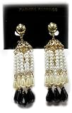 Faux Pearl Double Chandelier Earrings with Black and Pearl Charms - Fashion Earrings