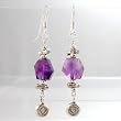 Amethyst Gemstone Bead Dangle Earrings with Lotus Flower Blossom in Sterling Silver, #8839