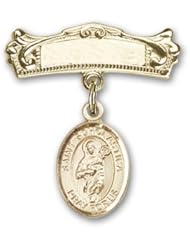 Gold Filled Baby Badge with St. Scholastica Charm and Arched Polished Badge Pin