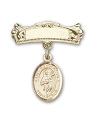 14K Gold Baby Badge with St. Scholastica Charm and Arched Polished Badge Pin