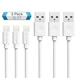 3pcs 10ft Quntis Extra Long Date Charge Sync Cable for iphone 6 6 Plus 6S ipad Air Mini Lightning Connector for All IOS Device Lifetime Guarantee (White)