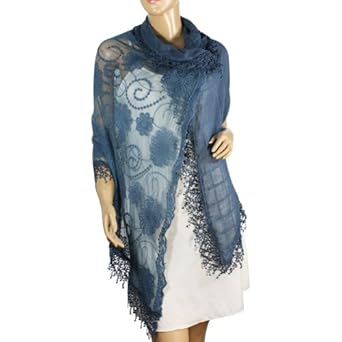 Cotton Polyester Stitching Half Embroidered Flowers & Solid Box Hand Knitted Tassels Asymmetric Lace Long Scarf - Various Colors