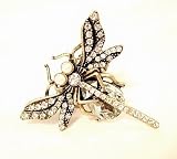 Magical Dragonfly Stretch Ring Pearl Clear Crystal Antique Gold Tone Bug