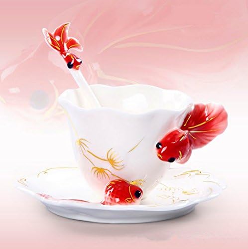 CANDACELL®Collectable Fine Arts China Porcelain Tea Cup and Saucer Coffee Cup Theme Romantic Creative Present/Rhinestone China Porcelain Tea Mug Coffee Cup and Saucer Set (Goldfish, Red)