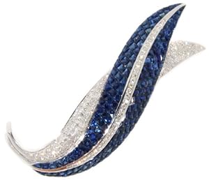 Diamond Blue Sapphire Brooch/Pin Unique 18K White Gold [I_017]