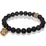 Matte Onyx Stretch Bracelet with Solid Crown Charm & Yellow Gold Rhinestone Bead Accent