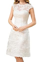 Lace Cap Sleeves Sheath Satin Natural   Waistline Knee Length Short  Dress