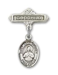 Sterling Silver Baby Badge with St. John Vianney Charm and Godchild Badge Pin