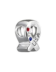 Sterling Silver Kera "USA" Ribbon Bead with Red, White, and Blue Crystals Fits Pandora