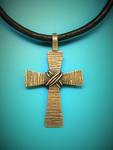 Bronze Rustic Cross on Leather Cord with Hand Forged Bronze Cord Ends and Clasp Components, Item: NDS-BRZ-076