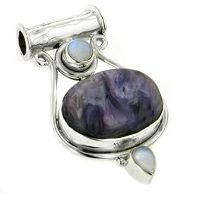 Purple Genuine Russian Charoite and Rainbow Moonstone Sterling Silver Slide Pendant by 
