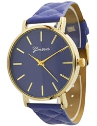 Womens Large Gold Trim Geneva Quilted Leather Watch - Royal Blue