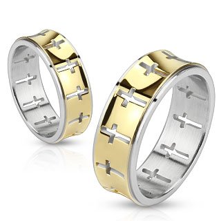 STR-0054 Stainless Steel Gold IP Die-Cut Cross Pattern Band Ring; Comes With Free Gift Box (10)