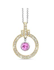 Elegant Bow Twin Circle Diamond Pendant In 18K Yellow Gold With A 0.40 ct. Genuine pink-sapphire Center Stone.