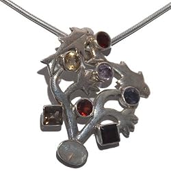 Gift for Her Silver Chain Multi Gemstone Pendant 1.5 Inches