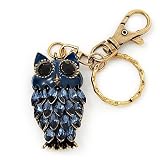Cute Dark Blue Enamel Diamante Owl Keyring/ Bag Charm (Burn Gold Plated Metal)