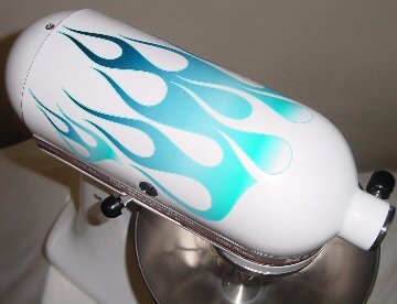 Ice21 Large Flame Decal Cover Kit Blue and white, designed to fit all KitchenAid stand mixers, including Pro 600, Artisan, Ultra Power, 4, 5, 6 qt quart mixers, without accessory interference.