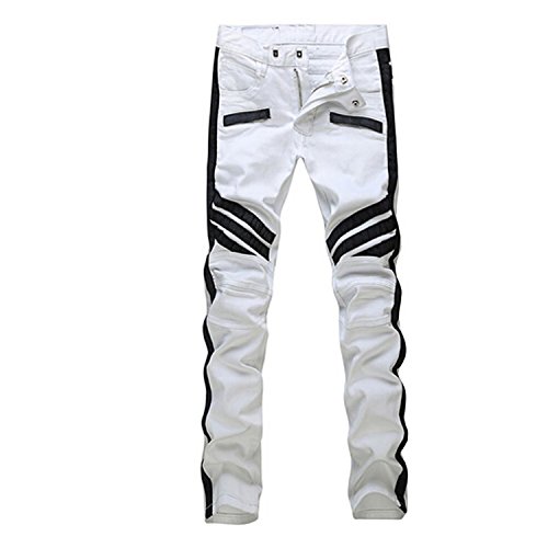 Krralinlin Men White Straight Distressed Ripped Denim Casual Pants Skinny Jeans