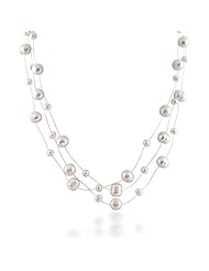 Bling Jewelry Bridal Silver Freshwater Pearl Illusion Three Strand Necklace 16in