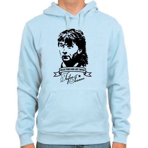 Kapuzensweater Trifon Ivanov, Vokuhila ::: Farbauswahl: skyblue oder weiß ::: Größen: M-XL ::: Fußball-Kult