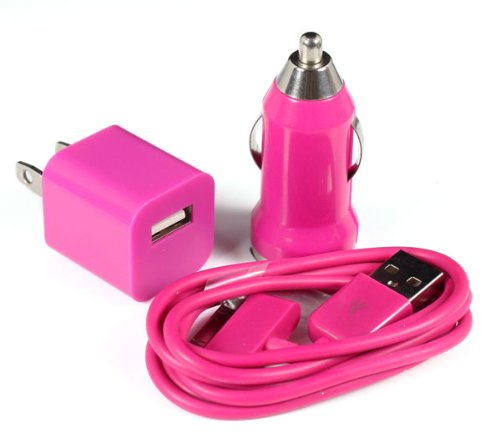 Hot Pink Car Charger+USB Data Cable +US Charger For iPod iPhone 4 4G 4S 3G 3GS