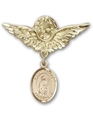 14K Gold Baby Badge with St. Grace Charm and Angel with Wings Badge Pin