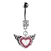 Stainless Steel Jeweled Belly Ring with Dangling Winged Pink Heart Charm