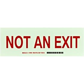 Brady 90492 10" Width x 3.5" Height B-324 Glow-in-the-Dark Self-Stick Polyester Exit and Directional Sign, Green on Red, Legend "Not An Exit"