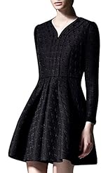 V-neck Long Sleeves Polyester Vintage Jacquard Pleated Striped Print Houndstooth Print Skater Dress 