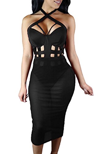 Pink Queen Women's Sexy Cut Out Strappy Caged Club Midi Skirt Black Dress