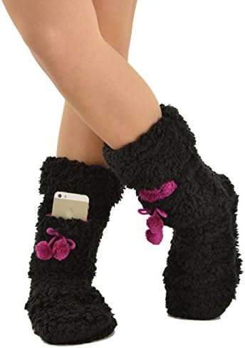 Fuzzy Black and Berry Slipper Boots with Fleece Lining and Iphone Pocket Sizes: Large
