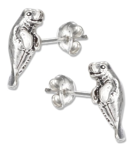 Sterling Silver Mini Manatee Earrings on Hypo-allergenic Steel Posts and Nuts