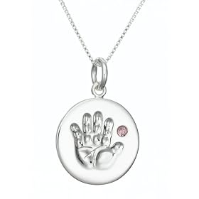 Sterling Silver June Birthstone Handprint Pendant, 18" by 