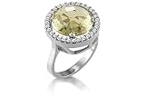 14K White Gold Matte-Finish Hand-Crafted Ring, Centered with a Lemon Quartz Semi-Precious Color Stone, Surrounded by Pave Set Diamonds.