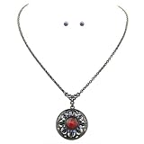 Ruby Hues Filigree Medallion Necklace & Earrings Set