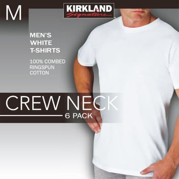 6 Pack Kirkland Signature Men's Crew Neck T-Shirts 100% Cotton Tagless - White