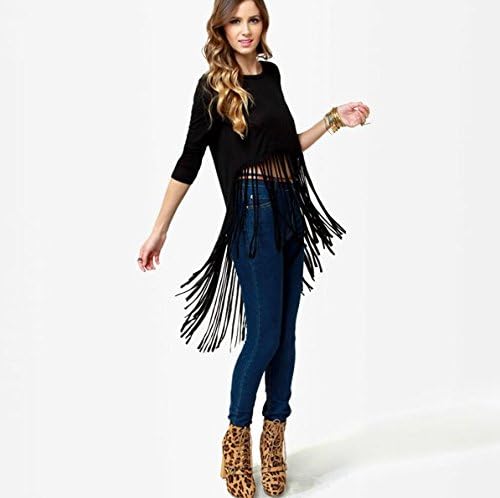 Women Ladies 3/4 Sleeve Tassel Fringe Hem Cropped Sexy Top Vest T Shirt Dress (L)