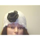 Cp155, Hand Crocheted White Chenille Gimp Tweed Skull Cap with One Pinned Black Silk Flower for Women and Teens