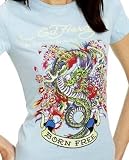 Ed Hardy - Ed Hardy Dragon Cherry Blossom, Born Free Tunic T-shirt in Blue, womens size M