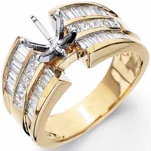 0.25 Ct.T.W. Round Brilliant Cut and Baguette Cut Diamonds  14K White Gold. Vintage Style Diamond Engagement Ring  Semi Mount Setting