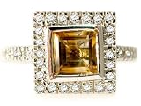 18K White Gold Ring, Bezel Set with a Square-Shape Citrine Color-Stone and Surrounded by Pave Set Diamonds.