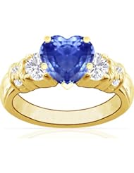 14K Yellow Gold Heart Cut Blue Sapphire Ring With Sidestones
