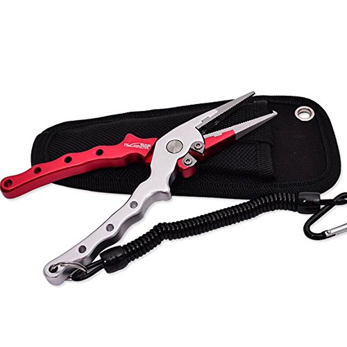 Piscifun 6.7inch Super Light Multi Purpose Aluminum Pliers Braid Cutter Split Ring Pliers Stainless Steel Fishing Scissors Fish Holder with Nylon Sheath & Retractable Tether Combo