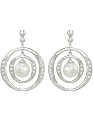 14K White Gold 0.16ct Dual Swirl Diamond Center White 6MM Pearl Dangle Earrings