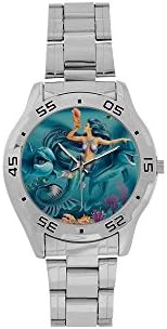 Special Design Beautiful Merimaid under the Sea Custom Men's Stainless Steel Analog Watch Sliver Metal Case, Tempered Glass